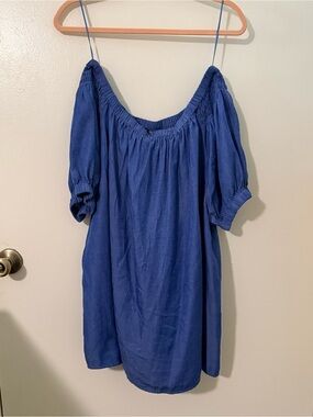 Select + Trend Blue Off Shoulder Ruffle Puff Sleeve Shift Knee Dress Plus 3X